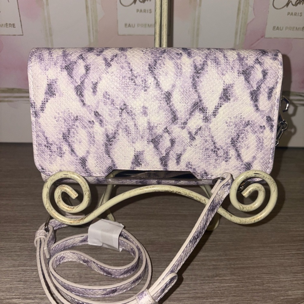 White House Black Market Purple Snake Print Clutch